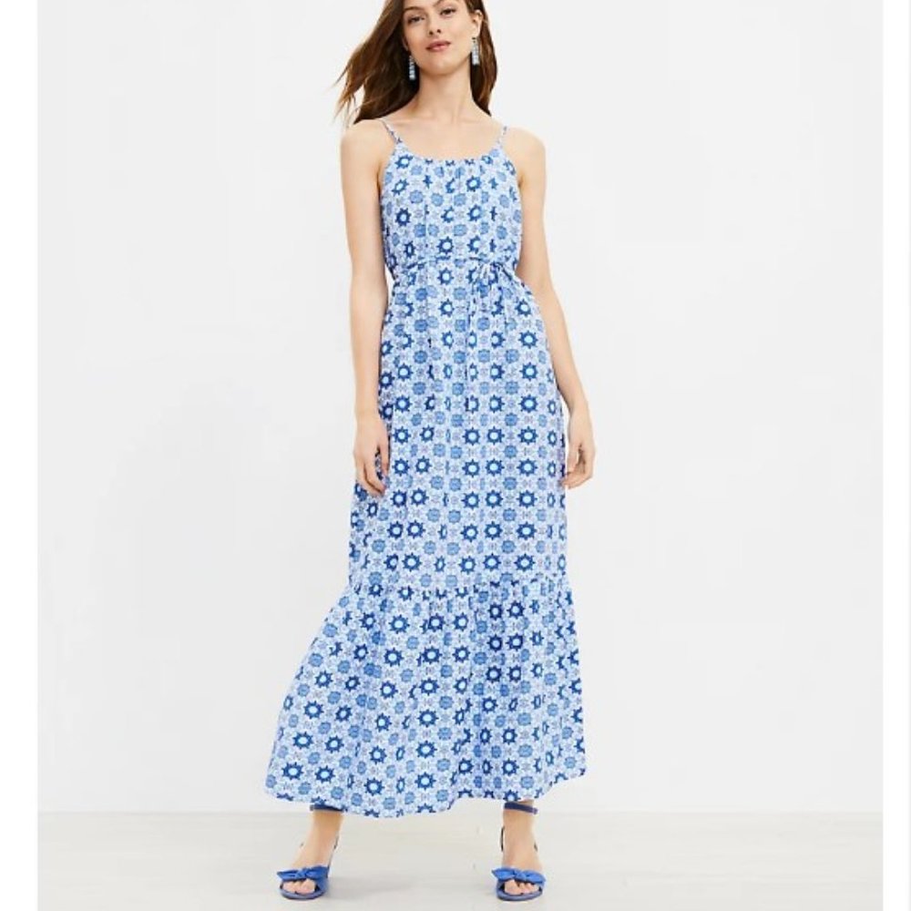 LOFT Blue and White Strappy Flounce Maxi Dress Size Large